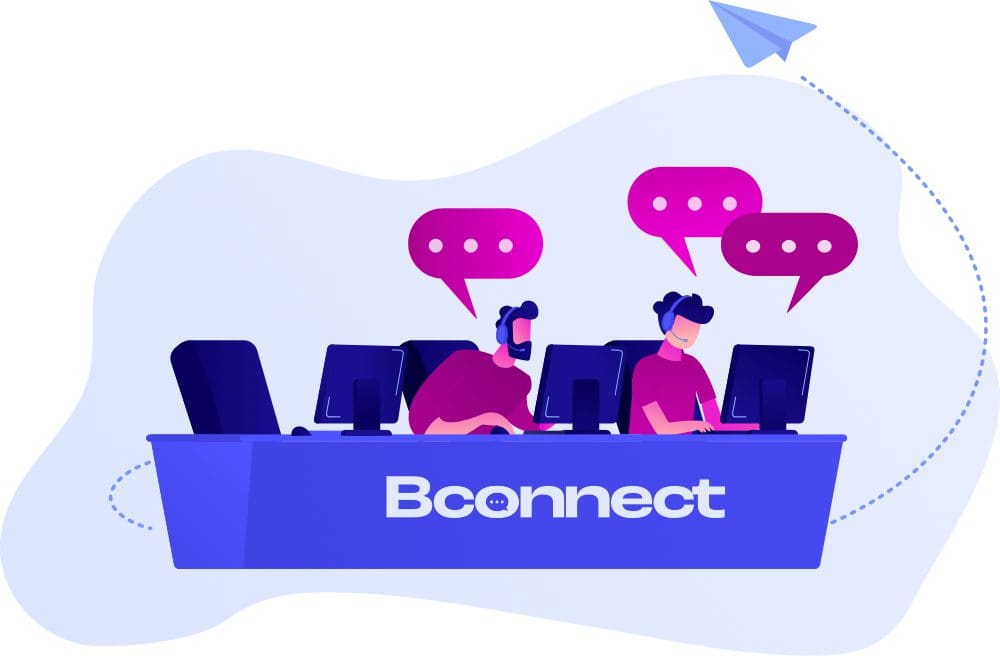 klantenservice-medewerker met een headset die achter een laptop werkt, omringd door chatbubbels en pictogrammen zoals een zoekicoon, prestatie-indicator en kortingssymbool. Dit beeld benadrukt professionele en efficiënte online klantenservice met snelle communicatie en ondersteuning