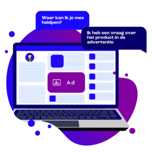 Illustratie van een AI-chatbot die reageert op een klantvraag over een online advertentie. Een laptop toont een website met een advertentie, terwijl een chatbot en gebruiker een gesprek voeren. De afbeelding benadrukt hoe AI-gestuurde chats kunnen helpen bij klantvragen over online advertenties en leadgeneratie