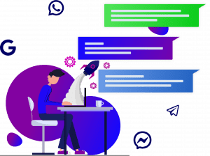 Illustratie van een AI-chatbot die automatisch berichten genereert terwijl een medewerker achter zijn bureau zit. Symbolen van berichtenapps zoals WhatsApp en Messenger tonen de omnichannel-mogelijkheden van AI-chat. De afbeelding benadrukt hoe AI-gestuurde chats bedrijven ondersteunen bij klantenservice en leadgeneratie