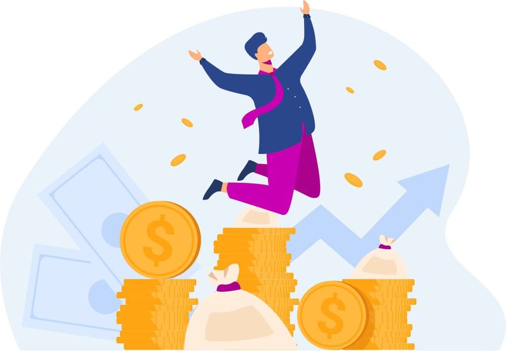 blije zakenman die op stapels geld springt, met een stijgende groeigrafiek op de achtergrond. Dit beeld symboliseert het succes van leadgeneratie met Live Chat en de groei in omzet door effectieve klantinteractie