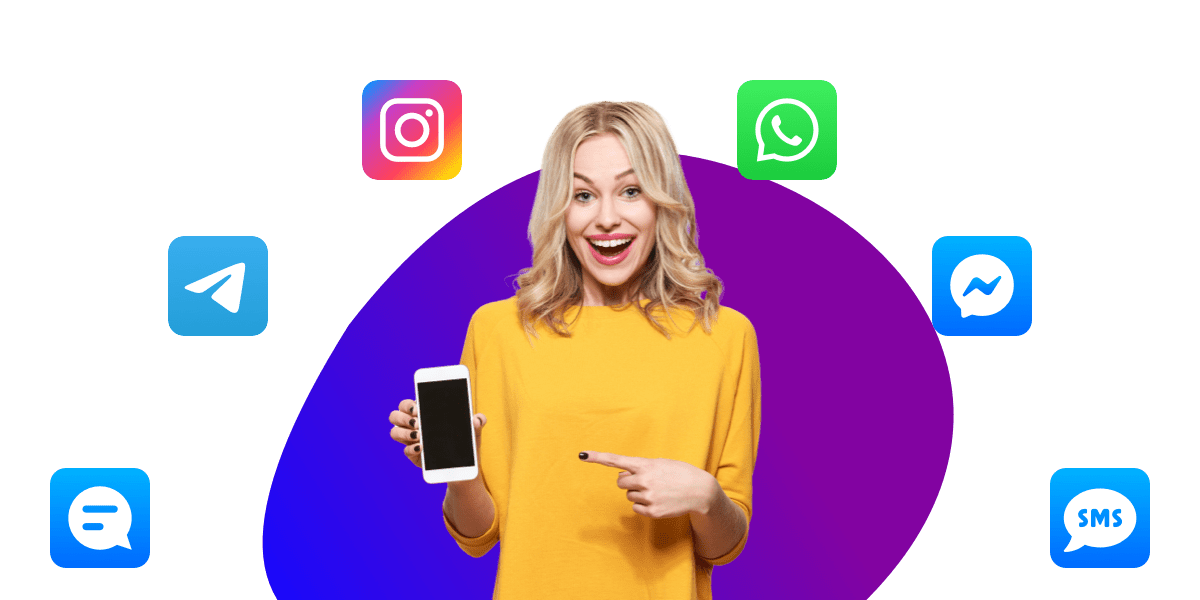 Vrouw met smartphone omringd door social media- en chatplatform-iconen zoals WhatsApp, Instagram en Messenger, die de kracht van online marketing en AI-chatbots voor lead generatie