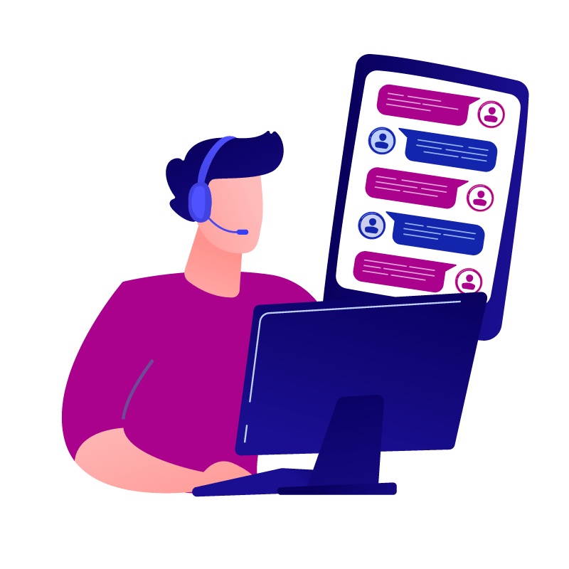 een klantenservice medewerker met headset die leads opvolgt via live chat en CRM-systeem, waarbij verschillende manieren van lead opvolging worden weergegeven, zoals direct nabellen en contact opnemen op een later tijdstip