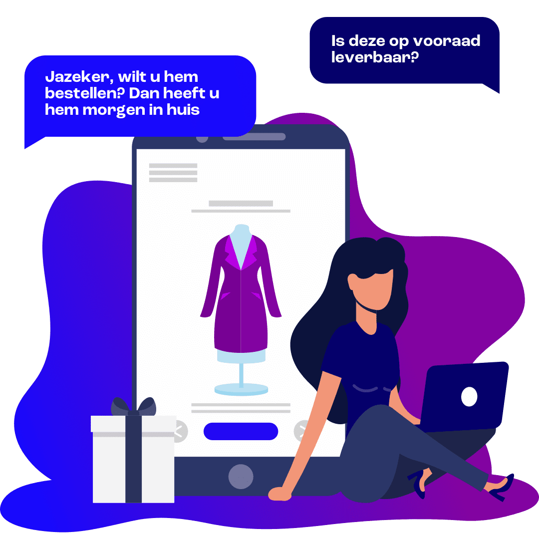 Illustratie van een online winkelervaring met live chatondersteuning. Een klant vraagt naar de beschikbaarheid van een product en ontvangt direct een reactie via live chat, wat helpt bij het herkennen en valideren van online leads. 