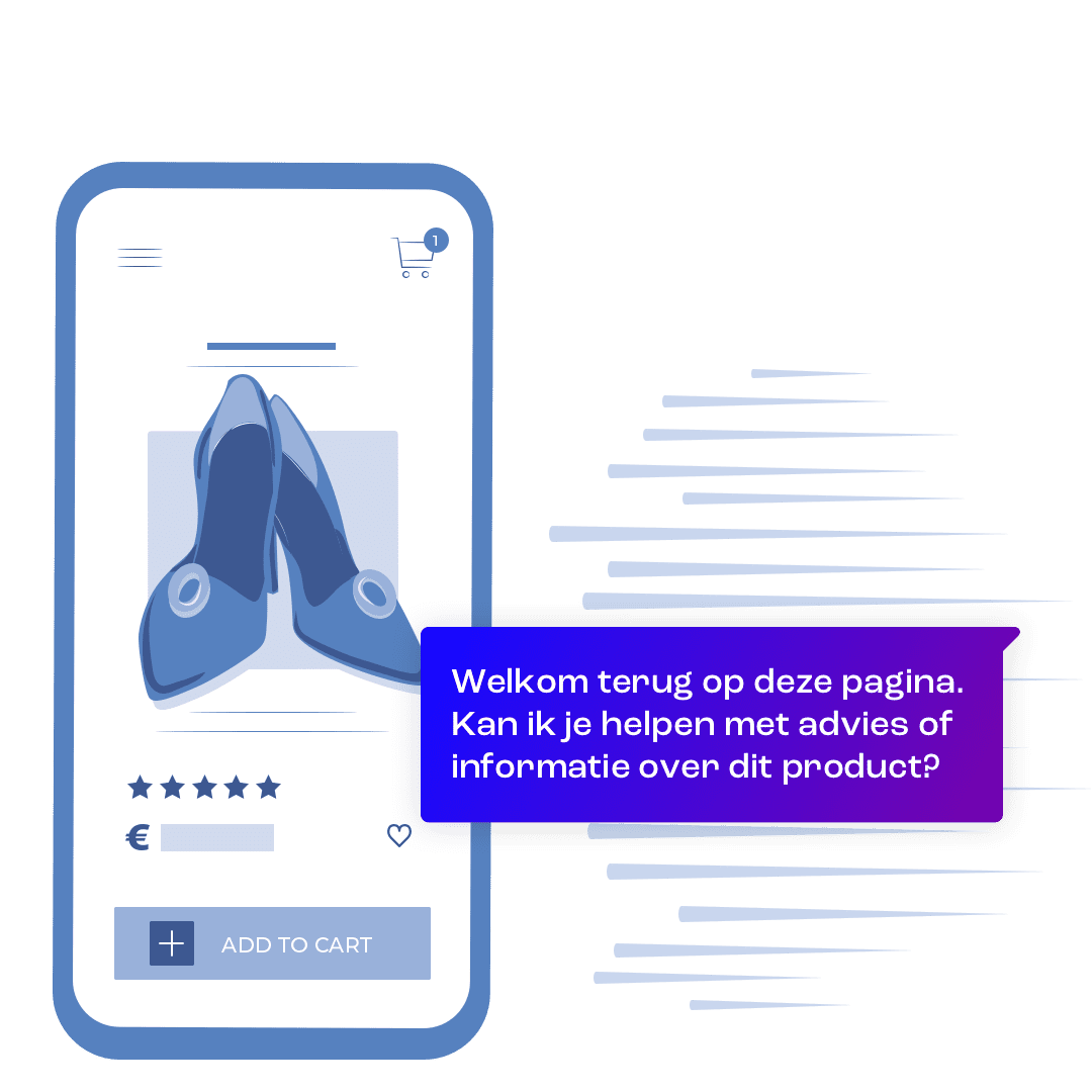 Een smartphone toont een e-commerce productpagina met een paar schoenen, terwijl een AI-gestuurde live chat automatisch een bericht verstuurt met de vraag of de bezoeker hulp nodig heeft. Dit illustreert hoe AI-chatbots bijdragen aan leadgeneratie door proactief klantinteractie te stimuleren