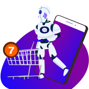 AI-robot met een winkelwagen die uit een smartphone stapt, wat de rol van AI bij leadkwalificatie via Live Chat benadrukt. Chatbots analyseren bezoekersgedrag en helpen bedrijven sneller waardevolle leads te identificeren