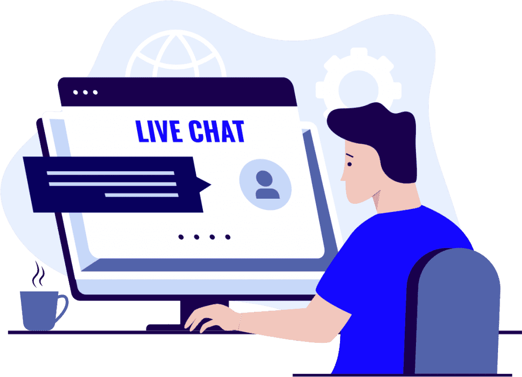 Illustratie van een persoon achter een computerscherm met een live chat interface. Op het scherm is een chatvenster zichtbaar, wat de directe communicatie tussen klanten en bedrijven via live chat implementeren benadrukt.