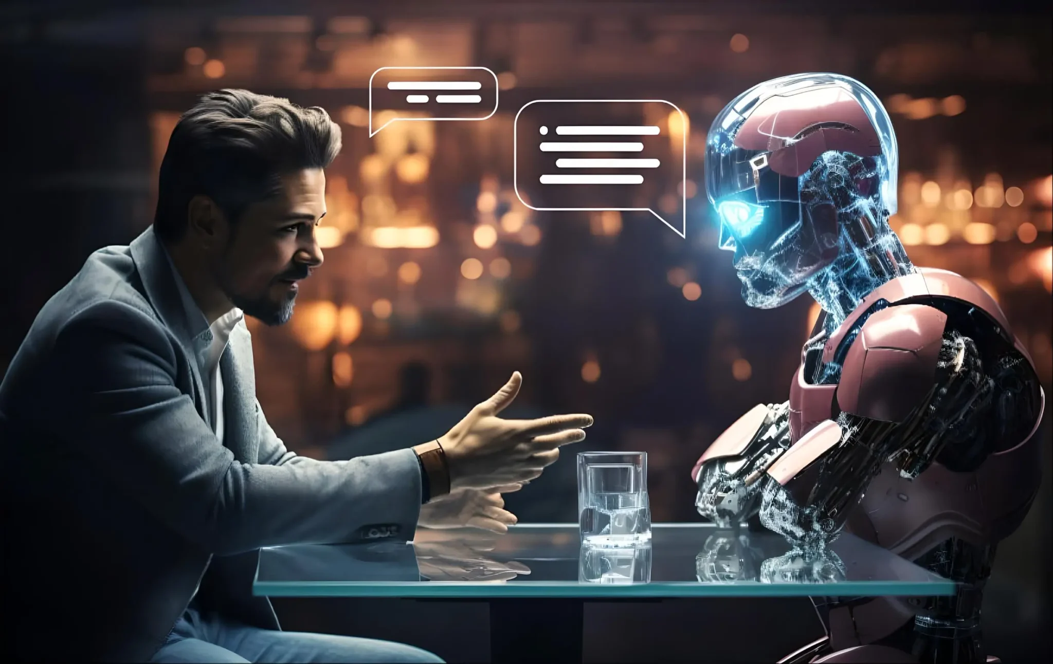 Een zakelijke man in gesprek met een AI-robot via live chat, waarbij AI de interactie stuurt om online leads te genereren en conversies te verhogen