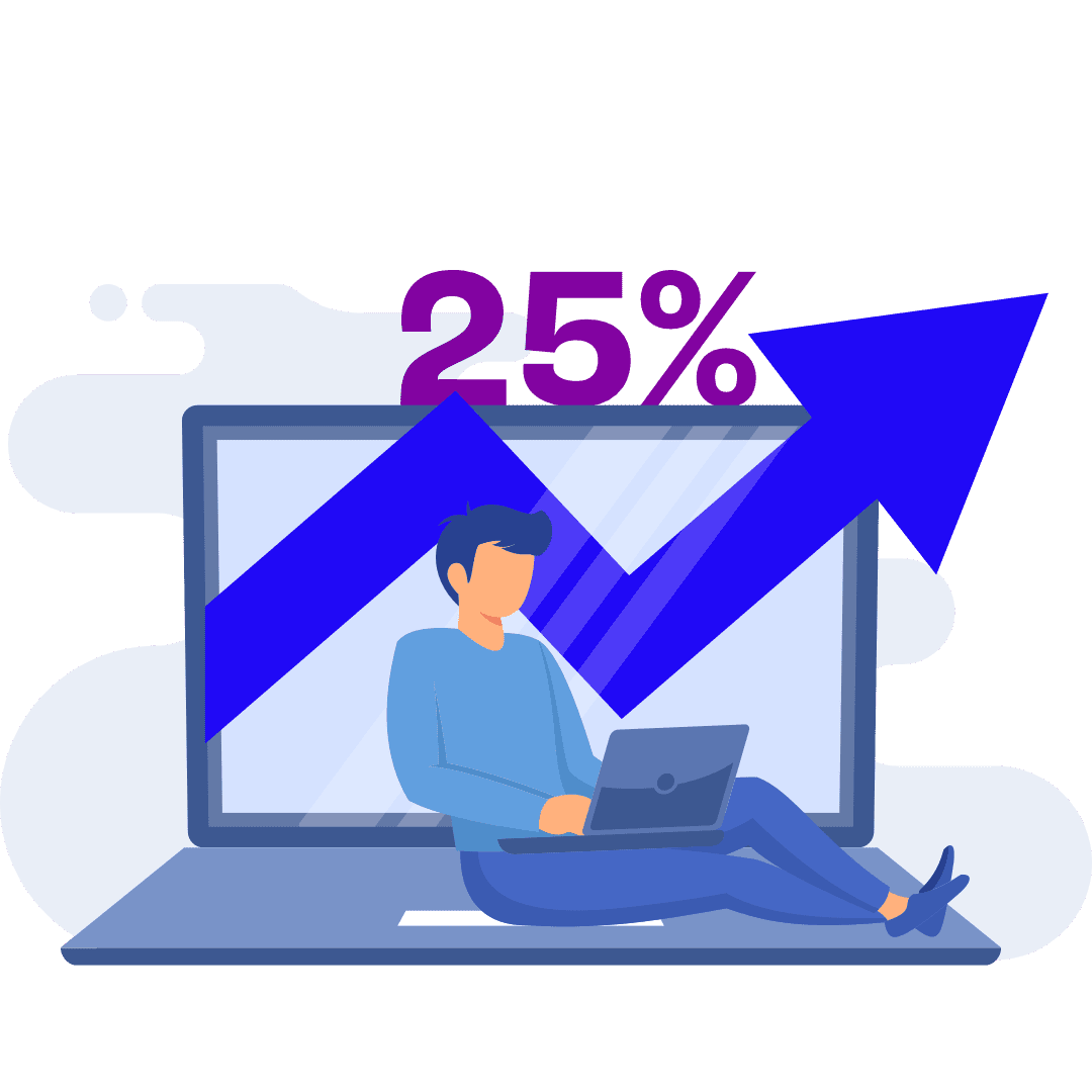 persoon met een laptop, zittend voor een groot scherm met een stijgende blauwe pijl en “25%” erboven. Dit beeld symboliseert de groei in conversie door WhatsApp communicatie voor autodealers, wat leidt tot betere klantbinding en hogere verkoopcijfers in de automotive sector.