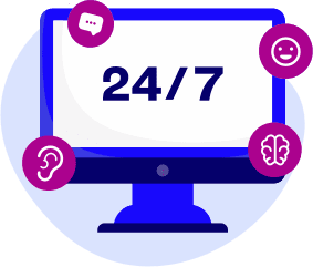 computerscherm met '24/7' erop, omringd door AI-iconen. Dit beeld symboliseert hoe AI-chatbots binnen Live Chat bedrijven helpen om ook buiten kantooruren leads te genereren en klantvragen te beantwoorden