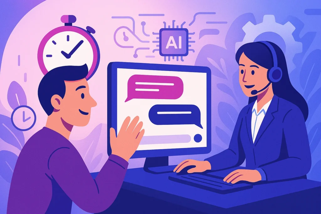 Tevreden klant krijgt binnen enkele seconden antwoord via live chat, ondersteund door AI-technologie en professionele service