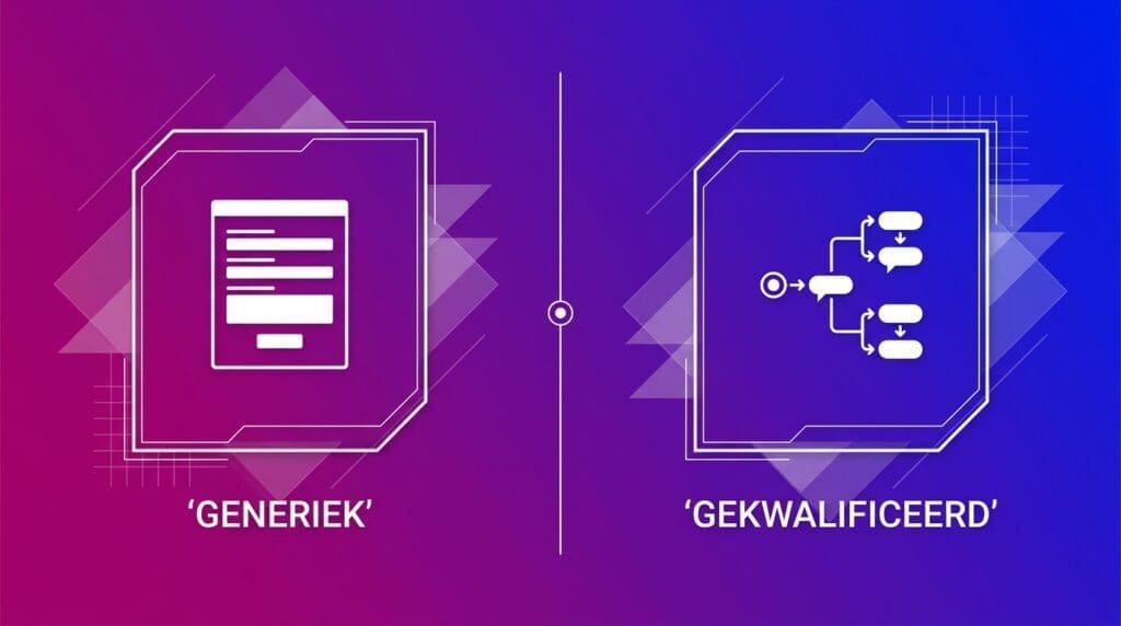Vergelijking tussen een generiek contactformulier zonder kwalificerende vragen en een gekwalificeerd contactmoment met gestructureerde chatflow.
